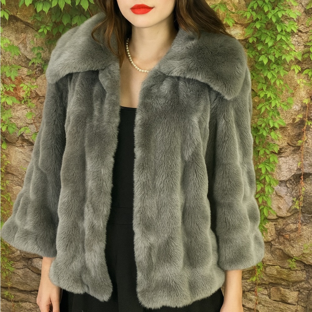 ELIE TAHARI Tara Gray Faux Fur Jacket, L